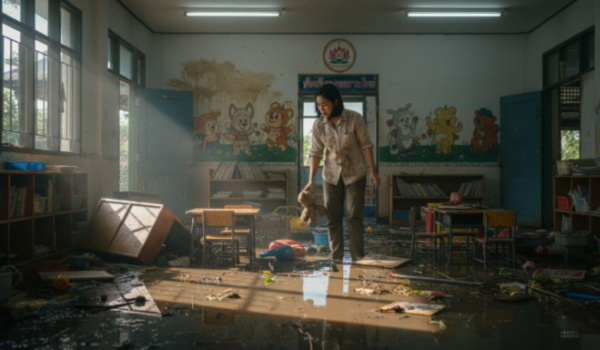 teacher-inspects-flood-damage-thailand-kindergarten